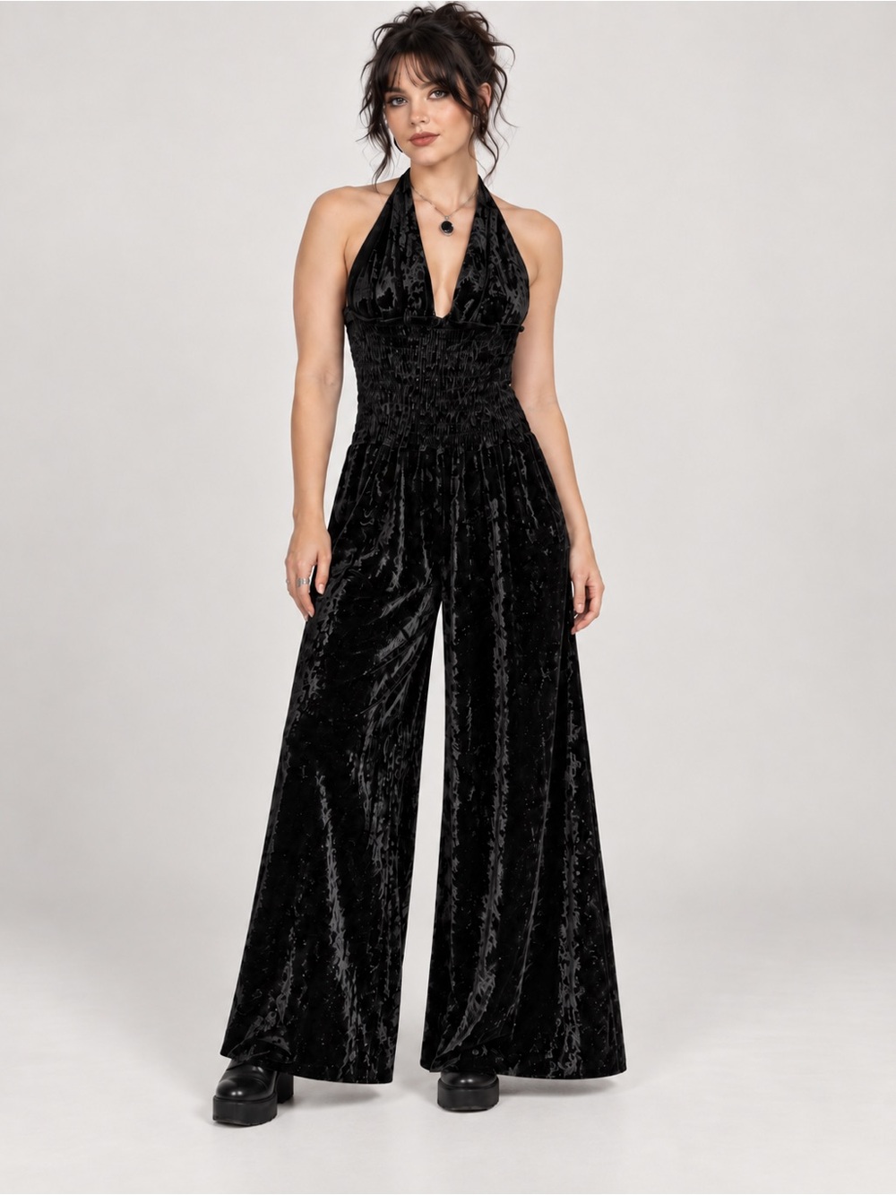 Vintage Y2K Wet Seal Black Crushed Velvet Halter Wide Leg Jumpsuit M